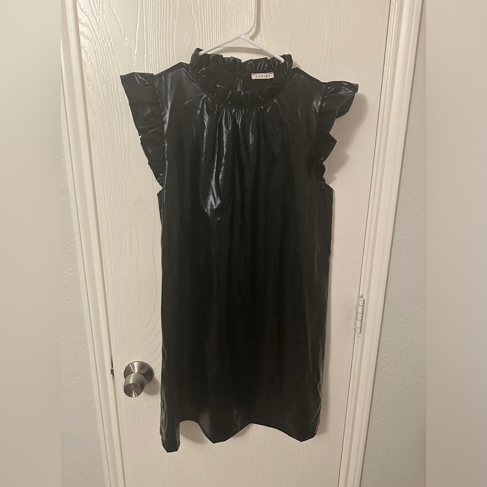 JODIFL Black Shiny Mini Dress with Ruffle Sleeves